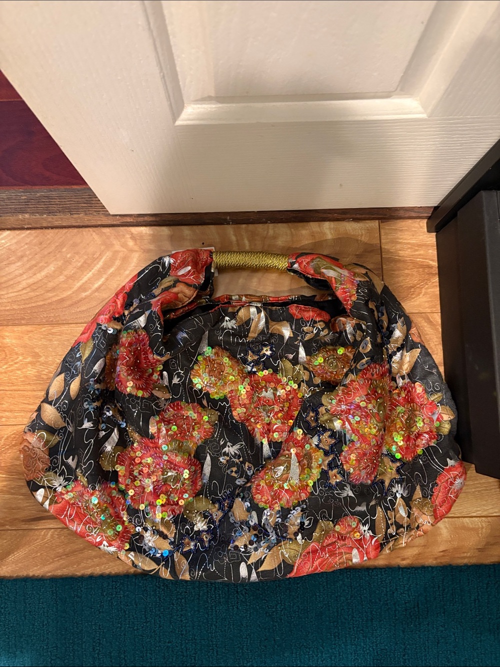 Wilsons Leather Black Floral Sequin Hobo with Red-Orange Flowers